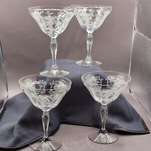 Vintage (4) Fostoria Florentine Etched Crystal Champagne Coupe Glasses 5.5"